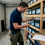 Technician testing lithium leisure batteries in workshop