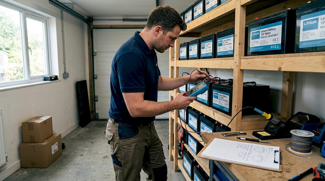 Technician testing lithium leisure batteries in workshop