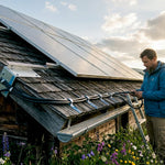 Outdoor solar panel array on cabin roof