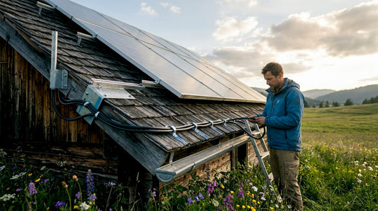 Outdoor solar panel array on cabin roof