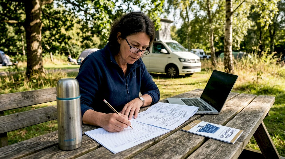 Woman planning campervan energy setup outdoors