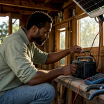 Technician connecting portable battery to solar panel