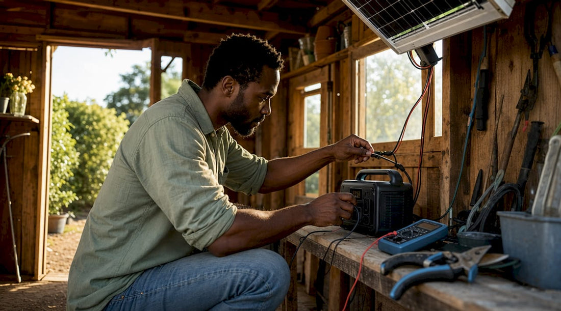 Technician connecting portable battery to solar panel