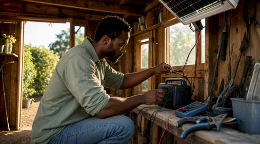 Technician connecting portable battery to solar panel
