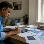 Man calculating solar panel sizing at home kitchen table
