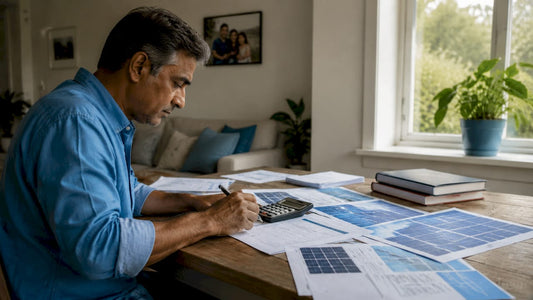 Man calculating solar panel sizing at home kitchen table