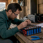 Technician installing lithium battery in campervan