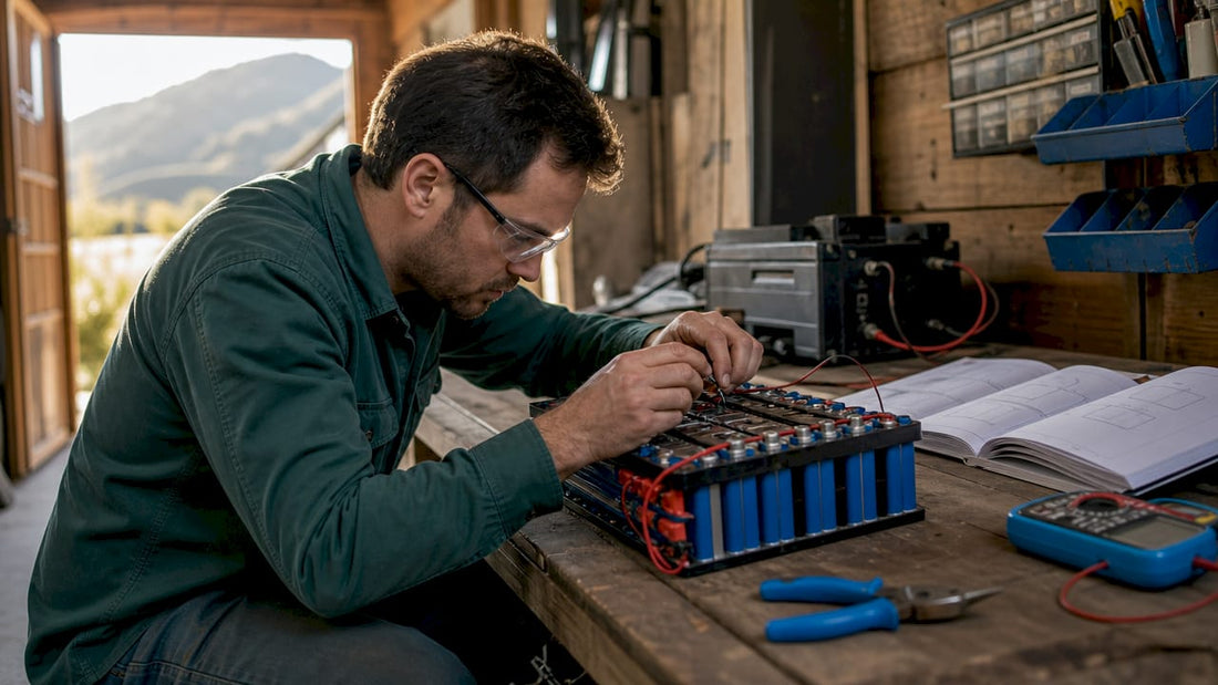 Technician installing lithium battery in campervan
