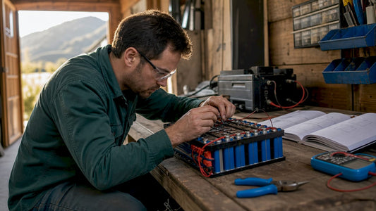 Technician installing lithium battery in campervan