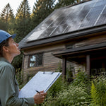 Engineer inspecting solar panel array outdoors
