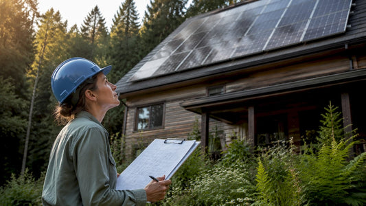 Engineer inspecting solar panel array outdoors