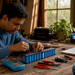 Man assembling DIY battery bank at workbench