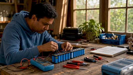 Man assembling DIY battery bank at workbench