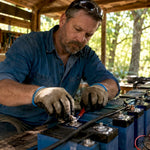 Technician wiring lithium battery bank on workbench