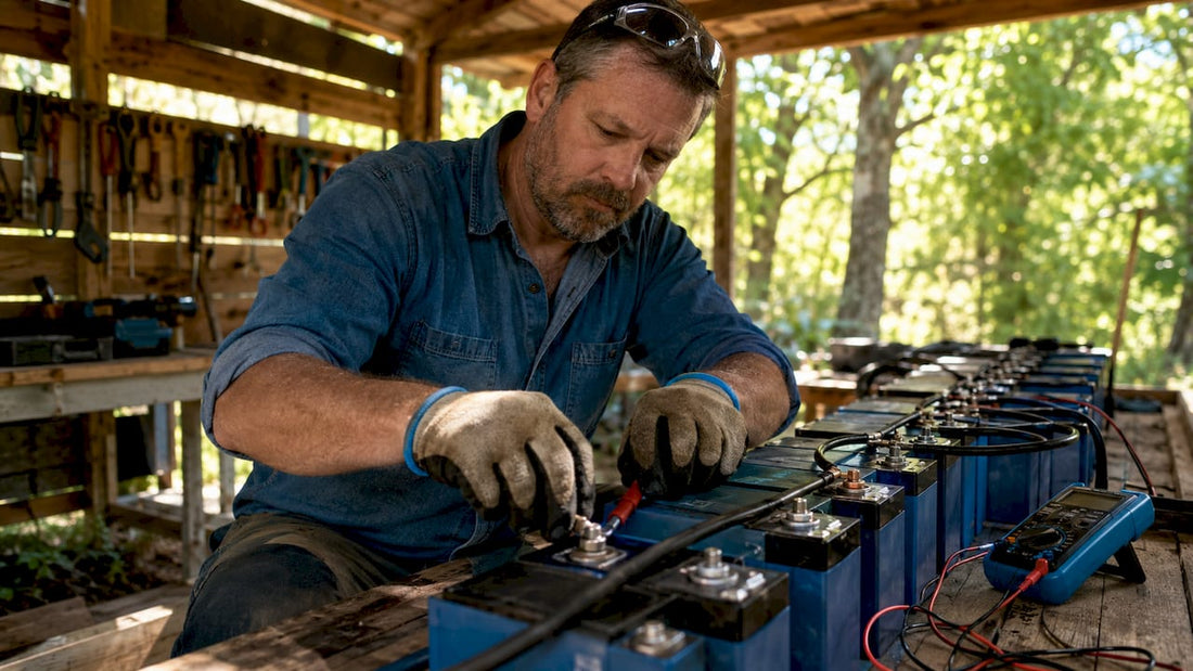 Technician wiring lithium battery bank on workbench