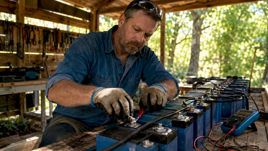Technician wiring lithium battery bank on workbench