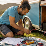 Man wiring campervan electrical system inside van