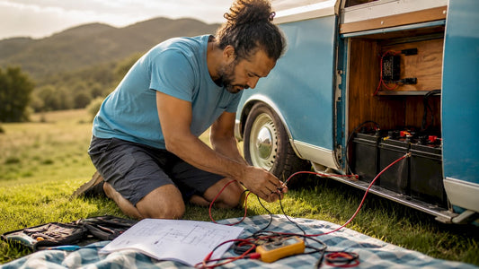 Man wiring campervan electrical system inside van