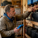 Technician inspecting off-grid battery bank system