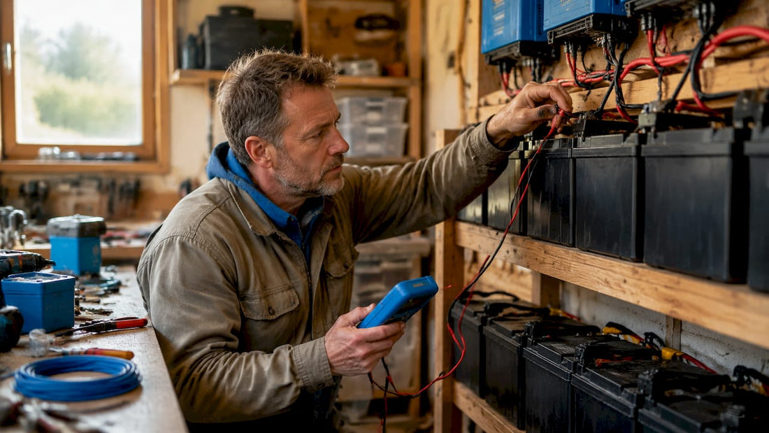 Technician inspecting off-grid battery bank system