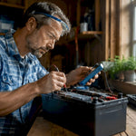 Engineer testing deep cycle battery in workshop
