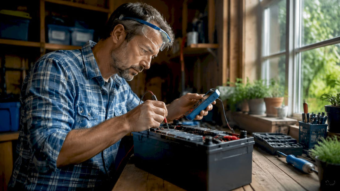 Engineer testing deep cycle battery in workshop