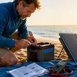 Man inspecting battery terminal at campsite