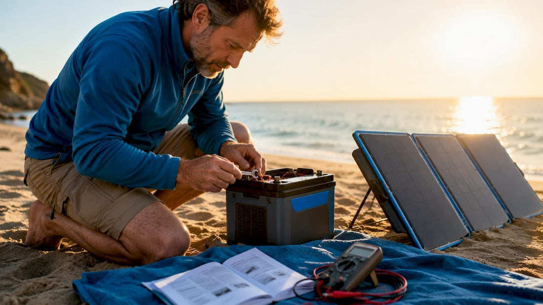 Man inspecting battery terminal at campsite