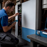 Electrician installing home battery system indoors