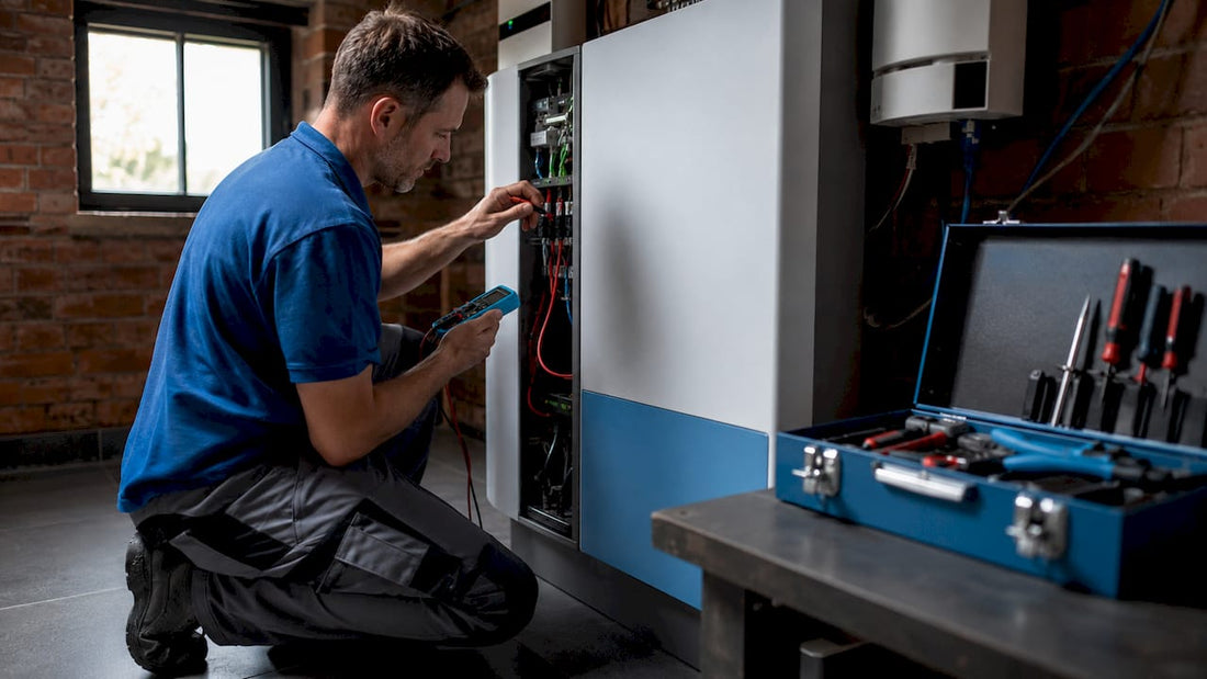 Electrician installing home battery system indoors