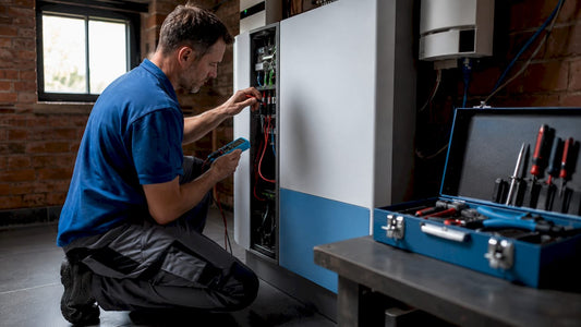 Electrician installing home battery system indoors