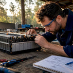 Engineer holding lithium-ion battery pack for inspection