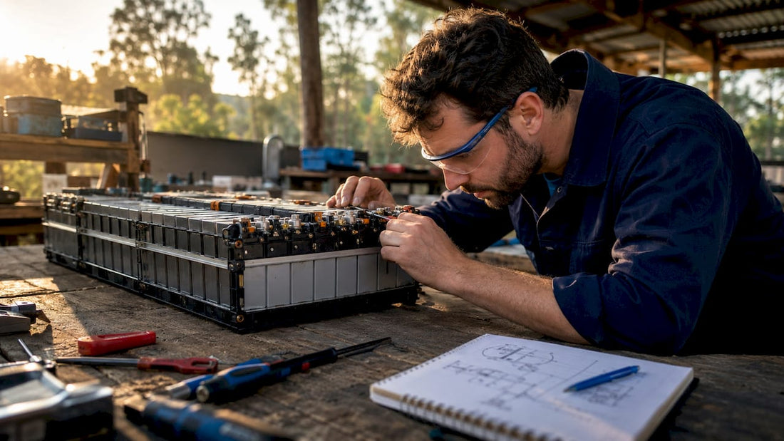 Engineer holding lithium-ion battery pack for inspection