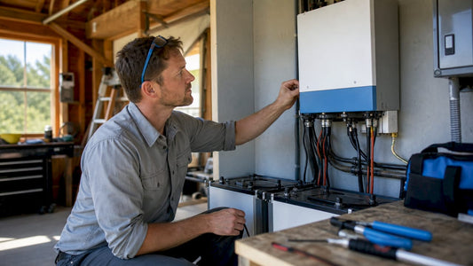 Technician inspecting hybrid inverter unit indoors