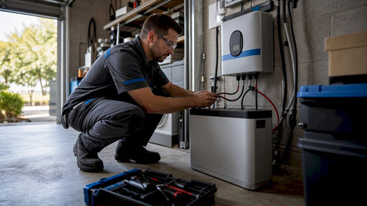 Technician connecting smart meter and battery unit