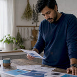 Man reviewing lithium battery product brochures