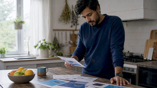Man reviewing lithium battery product brochures