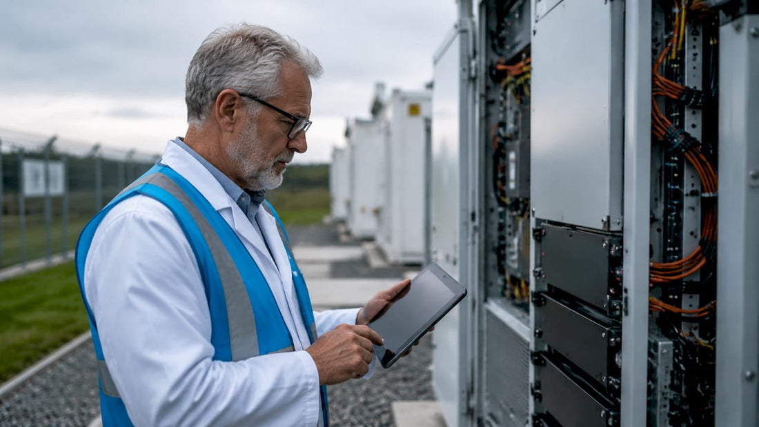 Engineer inspecting energy storage firmware system