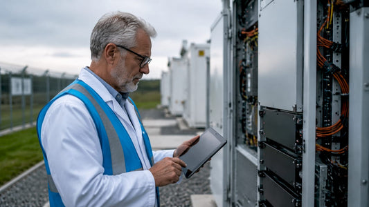 Engineer inspecting energy storage firmware system