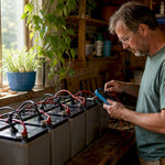 Technician testing parallel battery bank