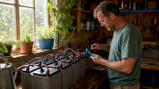 Technician testing parallel battery bank