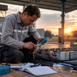 Technician inspecting lithium battery connections