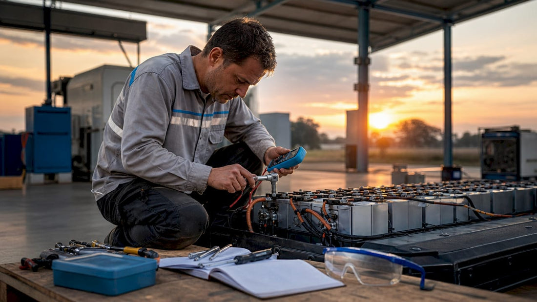 Technician inspecting lithium battery connections