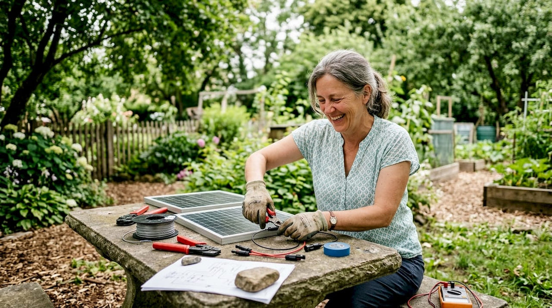 Woman assembling solar panels outdoors