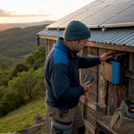 Technician inspecting off-grid solar panels
