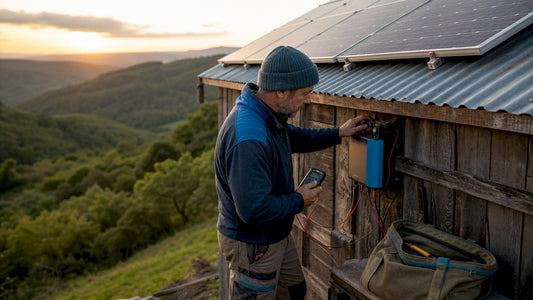 Technician inspecting off-grid solar panels