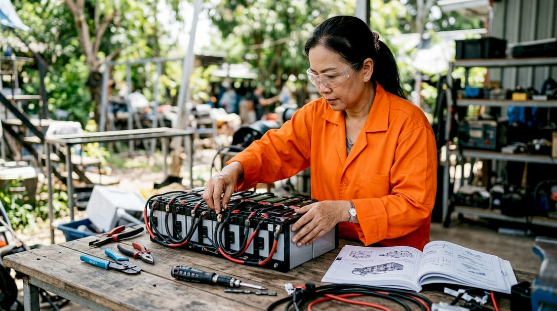 Engineer inspecting modular battery bank in workshop