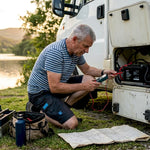 Man testing lithium battery in motorhome battery compartment