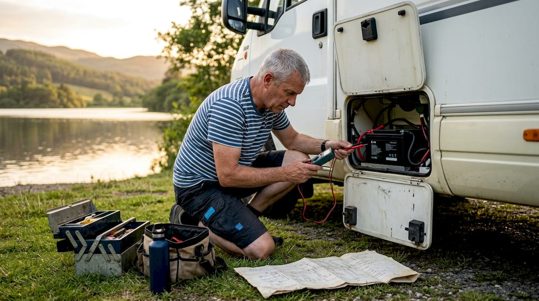 Man testing lithium battery in motorhome battery compartment