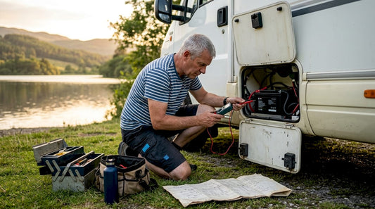 Man testing lithium battery in motorhome battery compartment